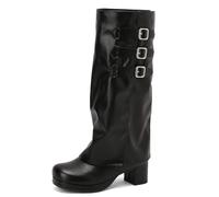 LIPIJIXI Wide Calf Knee Hohe Stiefel Block Heel Schnalle Stiefel für Frauen Black Side Zipper Performance Cowboy Stiefel Runde Zehen High Heel Lange Stiefel Size 12.5