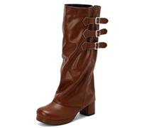 LIPIJIXI Wide Calf Knee Hohe Stiefel Block Heel Schnalle Stiefel für Frauen Brown Side Zipper Performance Cowboy Stiefel Runde Zehen High Heel Lange Stiefel Size 12.5