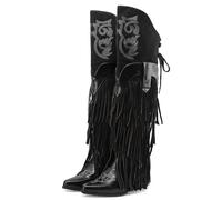 LIPIJIXI Women's Fringe Knee High Boots Chunky Heel Slip On Cowboy Boots