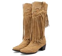 LIPIJIXI Women's Fringe Knee High Boots Chunky Heel Slip On Cowgirl Boots