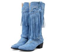 LIPIJIXI Women's Fringe Knee High Boots Chunky Heel Slip On Cowgirl Boots