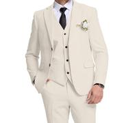 Lipoon Herren 3-teiliger Leinenanzug Slim Fit Sommer Strand Hochzeit Party Freizeitkleid Smoking Anzug Set für Trauzeugen Abschlussball, Beige, XX-Large