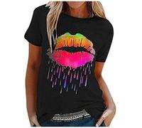 Lippen drucken T-Shirt Damen 80er Jahre Tshirt mit Lippen Karneval Kostüm 90er Jahre Kostüm Lustig T Shirt Sommer Kurzarm Oberteil Rundhals LippenMotto Party Retro T-Shirt Tops Tunika Streetwear