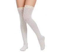 LIQWEI 1 Paar Trachtensocken Damen Kniestrümpfe, Rüschen Lange Trachtenkniestrümpfe Oberschenkelhohe Weiß Gestreifte Kniestrümpfe Fur Hochzeit Trachtenfest Oktoberfest Volksfest Tracht