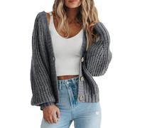 LIROMA Grobe Kurze Strickjacke Für Damen Modische Gerippte Strickjacken Vorne Offen Damen Pullover Mit V Ausschnitt Mantel Herbst Und Winter Kurze Baggy Strickjacke Pullover Oberbekleidung Grau S
