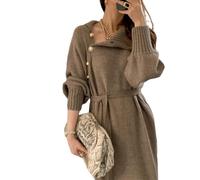 LIROMA Langarm Pulloverkleid Für Damen Elegantes Lockeres Strickkleid Midi Pullover Kleider Modische Rollkragenknöpfe Damenkleider Pullover Strickkleid Herbst Winter Mit Gürtel Braun M