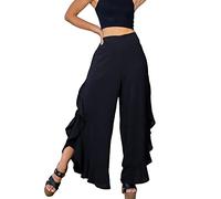 LIROMA Palazzo Hose Damen, Culottes Hose Weite Beine Hosenrock Uni Rüschen Patchwork Elastische High Waist Hose Elegant Flowy Palazzo Hose Sommer Boho Side Split Schlaghose,Schwarz,S