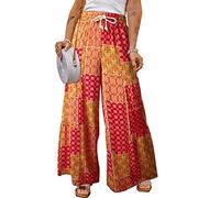 LIROMA Weite Hose Damen, Culottes Hose Weite Beine Hosenrock Farbblockierung Ethno Bedruckter Kordelzug Hohe Taille Palazzohose Sommer Böhmen Exotische Strandhose Oceanside Hose,Rot,XL