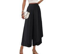 LIROMA Weite Hose Damen, Damen-Chiffon-Hose Mit Weitem Bein Solide Halbe Elastische Taille Palazzo-Hose Elegante Fließende Plissierte Culottes-Hose Sommermode Leichte Luftige Cropped-Hose Schwarz L