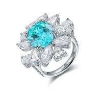 Lirzxin Hochzeit Ring Weißgold 585 Damen, Verlobungsringe Trauringe Luxus Blume mit 9.79ct Oval Labor Erstellt Paraiba Turmalin und Moissanit Eheringe für Frauen Weißgold Größe 53 (16.9)