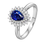 Lirzxin Verlobungsring 585 Weißgold 14K, Freundschaftsringe Damen Blume mit 1ct Tropfenform Labor Erstellt Blauer Saphir und Moissanit Verlobung Hochzeit Ringe Weißgold Größe 47 (15.0)