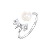 Lirzxin Verlobungsringe 925 Silber Damen, Eheringe Hochzeitsringe Trauringe Partnerringe Frauen Verstellbar Offen Design mit 6MM Perle und Zirkonia Schleife Ring Geburtstag