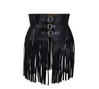 Lishow Fashion Damen-Korsett, echtes Leder, Fransen, Obi-Schärpe, Übergröße, breiter Ledergürtel, Schwarz, 37-38/3XL Taille