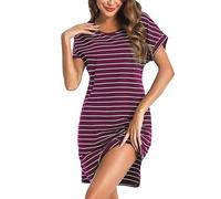Litherday Damen Nachthemd Kurz Streifen Nachtkleid Kurzarm Nachtwäsche aus 95% Baumwolle Loungewear Negligee Kurze Ärmel Sleepshirt mit 2 Tasche, Weinrot+weiß, M
