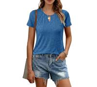 Litherday Damen Tshirt Kurzarm Einfarbig Top mit Schlüsselloch Ausschnitt Casual Sommer T-Shirt mit Falten am Hals Elegantes Freizeit Bluse Regular Fit für Alltag Business (Blau, L)