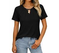 Litherday Damen Tshirt Rundhals Schlüsselloch Ausschnitt Falten am Hals Elegant Kurzarm Oberteil Slim Fit Stretch Casual Sommer Top Regular Fit für Alltag Business (Schwarz, XL)