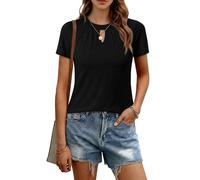 Litherday Damen Tshirt Rundhals Schlüsselloch Ausschnitt Falten am Hals Elegant Kurzarm Oberteil Slim Fit Stretch Casual Sommer Top Regular Fit für Alltag Business (Schwarz, L)