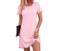 Litherday Nachthemd Damen Baumwolle Kurzarm Spitze Schlafshirt Kurz Nachtkleid Sommer Nachtwäsche Loungewear Sleepshirt Rosa M