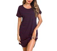 Litherday Nachthemd Damen Kurz Nachtwäsche Streifen Nachtkleid aus 95% Baumwolle Loungewear Negligee Kurze Ärmel Sleepshirt mit 2 Tasche, Dunkelblau+rot, S