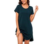 Litherday Nachthemd Damen Kurz Nachtwäsche Streifen Nachtkleid aus 95% Baumwolle Loungewear Negligee Kurze Ärmel Sleepshirt mit 2 Tasche, Dunkelblau+dunkelgrün, S