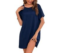 Litherday Nachthemd Damen Kurzarm Baumwolle Schlafshirt Locker Seitenschlitz Nachtwäsche Sleepshirt Schlafkleid Kurz Nachtkleid Weiche Schlafhemd Dunkelblau XXL