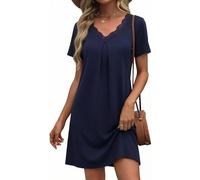Litherday Nachthemd Damen Kurzarm Baumwolle Schlafshirt Spitze Sleepshirt Kurz V-Ausschnitt Nachtwäsche Nachtkleid Weiche SchlafhemdDunkelblau 1XXL