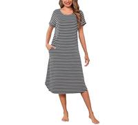 Litherday Nachthemd Damen Lang Nachtwäsche Kurzarm Streifen Schlafshirt aus 95% Baumwolle Loungewear Nachtkleid Sleepshirt, Dunkelgrau+weiß, L