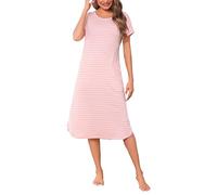 Litherday Nachthemd Damen Lang Nachtwäsche Kurzarm Streifen Schlafshirt aus 95% Baumwolle Loungewear Nachtkleid Sleepshirt, Rosa+weiß, XXL