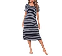 Litherday Nachthemd Damen Lang Nachtwäsche Kurzarm Streifen Schlafshirt aus 95% Baumwolle Loungewear Nachtkleid Sleepshirt, Dunkelblau+weiß, XL