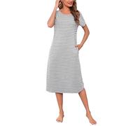 Litherday Nachthemd Damen Lang Nachtwäsche Kurzarm Streifen Schlafshirt aus 95% Baumwolle Loungewear Nachtkleid Sleepshirt, Hellgrau+weiß, XL