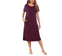 Litherday Nachthemd Damen Lang Nachtwäsche Kurzarm Streifen Schlafshirt aus 95% Baumwolle Loungewear Nachtkleid Sleepshirt, Dunkelgrau+rot, M