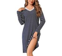 Litherday Nachthemd Damen Langarm Nachtwäsche Streifen Nachtkleid Baumwolle Loungewear Negligee Kurz Sleepshirt, Dunkelblau+weiß, M