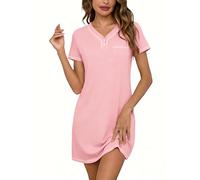 Litherday Nachtwäsche Damen Baumwolle V-Ausschnitt Schlafshirt Damen Nachthemd Kurzarm mit Tasche Atmungsaktiv Sleepshirt Nachthemden für Einfacher Täglicher Rosa M