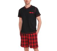 Litherday Schlafanzug Herren Kurz Pyjama Zweiteiliger Kurzarm Nachtwäsche aus 100% Baumwolle Shorty Pyjamas Set Sommer Sleepwear, Schwarz+Rot, XXL