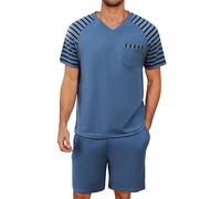 Litherday Schlafanzug Herren Kurz Shorty Sommer Baumwolle Pyjama Set Zweiteiliger Kurzarm Nachtwäsche T-Shirt Schlafanzughose Männer Blau S
