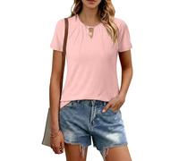 Litherday Tshirt Damen Sommer Elegant Rundhals Falten am Hals Oberteil Slim Fit Stretch Casual Einfarbig Kurzarm Freizeit Bluse Regular Tops Fit für Alltag Business (Rosa, L)