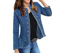 LITTLA Damen Jeansjacke, Damen Anzug Jeansjacke Fashion Blau Ausgefranste Quaste Langarm Button Up Shacket Jacke Vintage Slim Wash Faded Denim Coat Spring Transition Casual Outwear,L