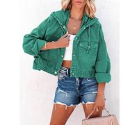 LITTLA Jeansjacke, Damen-Jeansjacke Mit Kapuze Grüne Waschung Verblasste Langarm-Knopf-Bomber-Jeansjacke Vintage Distressed Kurzer Denim-Mantel Frühling Übergang Lässige Oberbekleidung L