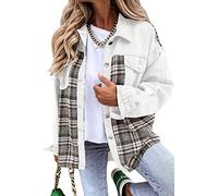 LITTLA Jeansjacke, Jeansjacke Für Damen Weiße Nähte Kariertes Revers Langarm Geknöpft Boyfriend-Jeansmantel Vintage-Stil Übergroßer Denim-Mantel Lässiger Übergang Outwear-Blusen XXL