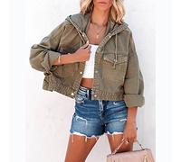LITTLA Jeansjacke Mädchen, Damen-Jeansjacke Mit Kapuze Olivgrüne Waschung Verblasste Langarm-Knopf-Bomber-Jeansjacke Vintage Distressed Kurzer Denim-Mantel Frühling Übergang Lässige Oberbekleidung M