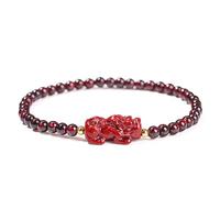 LIU JUN Feng Shui Pixiu Armband für Frauen, natürlicher burgunderroter Granatstein, Perlen, Glücksbringer, Reichtum, Amulett, Stretch, Geschenk, Schmuck, M, Stein, Kein Edelstein