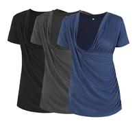 Liu & Qu Damen Umstands-Still-Tops, geschichtetes Wickeltuch zum Stillen, V-Ausschnitt Kurzarm T-Shirts 3 Packungen, 02.Black/Dark Grey/Navy, Groß