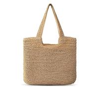 LIUHLFSR Stroh-Strandtasche for Damen, gewebte Schultertaschen, Handtasche, Geldbörse, ausgehöhlte Strick-Shopper-Taschen for Sommer, Strand, Reisen Für Die Reise Zum Strand Im Urlaub(Kahki)
