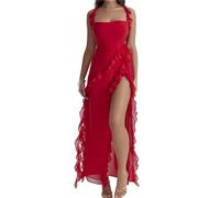 LIUPONHU Women's Summer Sexy Double High Slit Deep V Neck Plus Dresses，Sexy Backless Satin Cocktail Slit Maxi Dress (Red, S)