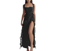 LIUPONHU Women's Summer Sexy Double High Slit Deep V Neck Plus Dresses，Sexy Backless Satin Cocktail Slit Maxi Dress (Black, XL)