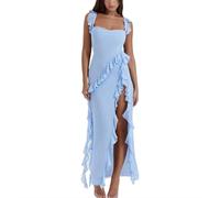 LIUPONHU Women's Summer Sexy Double High Slit Deep V Neck Plus Dresses，Sexy Backless Satin Cocktail Slit Maxi Dress (Light Blue, XL)