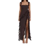 LIUPONHU Women's Summer Sexy Double High Slit Deep V Neck Plus Dresses，Sexy Backless Satin Cocktail Slit Maxi Dress (Coffee Brown, S)