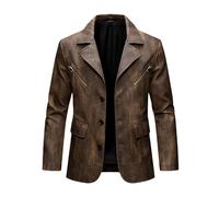LIUYUYOUGO Anzug Herren Herren Blazer Aus Kunstleder Im Punk Stil Used Look Bikerjacke Aus Pu Leder Smart Casual Sportmantel Herbst/Winter Vintage Tailliert Bomberjacke Braun Größe M