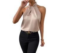 LIUYUYOUGO Bluse Damen Elegant Damen Satin Top Mit Neckholder Ärmellos Stehkragen Knotenmuster Satinweste Sommerbluse Elegant Schick Elegant Tunika Damen Business Casual Tanktop Kamel Größe S
