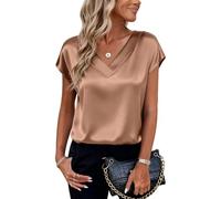 LIUYUYOUGO Bluse Damen Elegant Damen Seidensatin Top Kurzarmbluse Elegantes V Ausschnitt Shirt Sommer Tunika T Shirt Einfarbig Schick Lässig Büro Und Freizeit Top Für Damen Khaki L